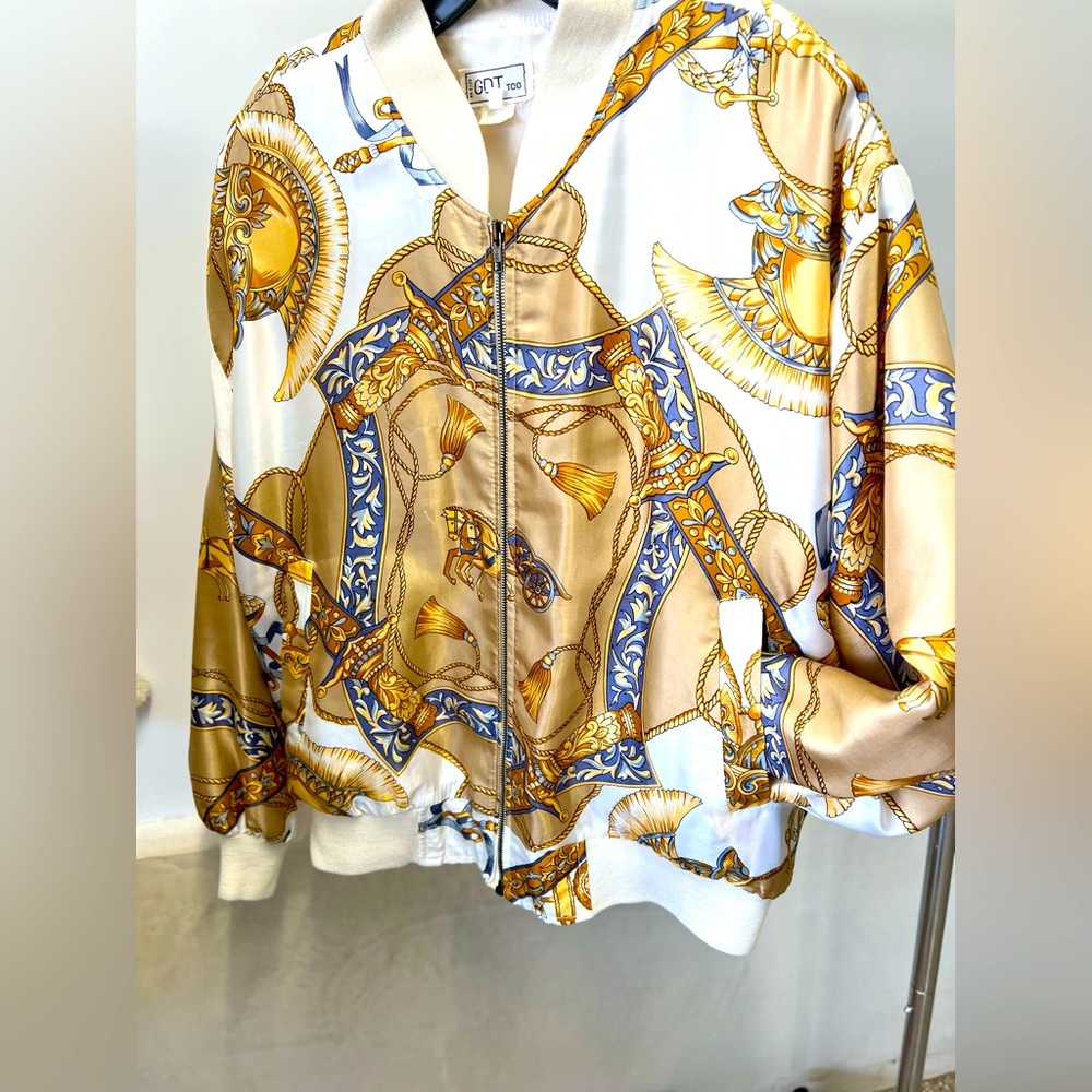Vintage gold print satin bomber jacket